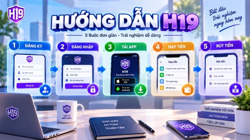 Các hướng dẫn đăng ký, đăng nhập, tải ứng dụng, nạp và rút tiền H19